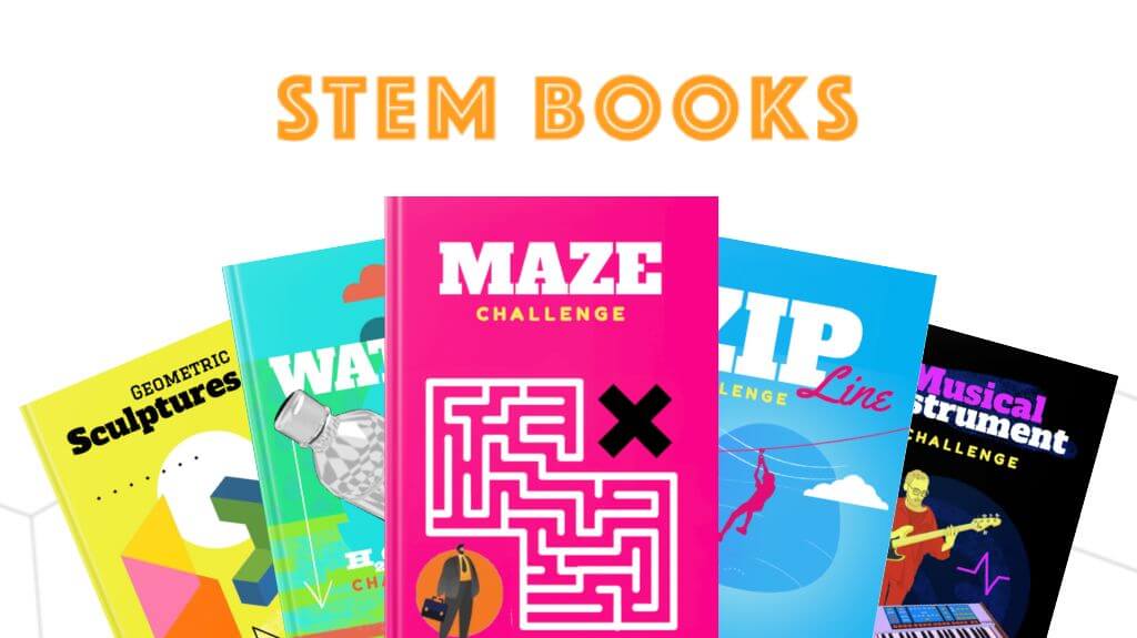 "Banner image with the title 'STEM BOOKS' in bold orange text at the top. Below, five colorful STEM challenge activity book covers are fanned out. Titles include: 'Geometric Sculptures' on a yellow background, 'Water Filtration Challenge' with a green background and plastic bottle, 'Maze Challenge' in bright pink, 'Zip Line Challenge' in blue with a figure ziplining, and 'Musical Instrument Challenge' in black with a person playing a guitar and a keyboard below.