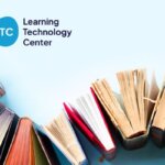 Featured blog image for the Learning Technology Center, showing an arrangement of open books fanned out in a semi-circle on a light blue background. The LTC logo, a blue teardrop shape with 'LTC' inside and 'Learning Technology Center' text next to it, is displayed in the top left corner, symbolizing educational resources and collaborative learning.