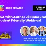 Children’s author Jill Esbaum and librarian Beth Campbell smiling during a virtual webinar, with a colorful background featuring student-created books and the Book Creator logo.
