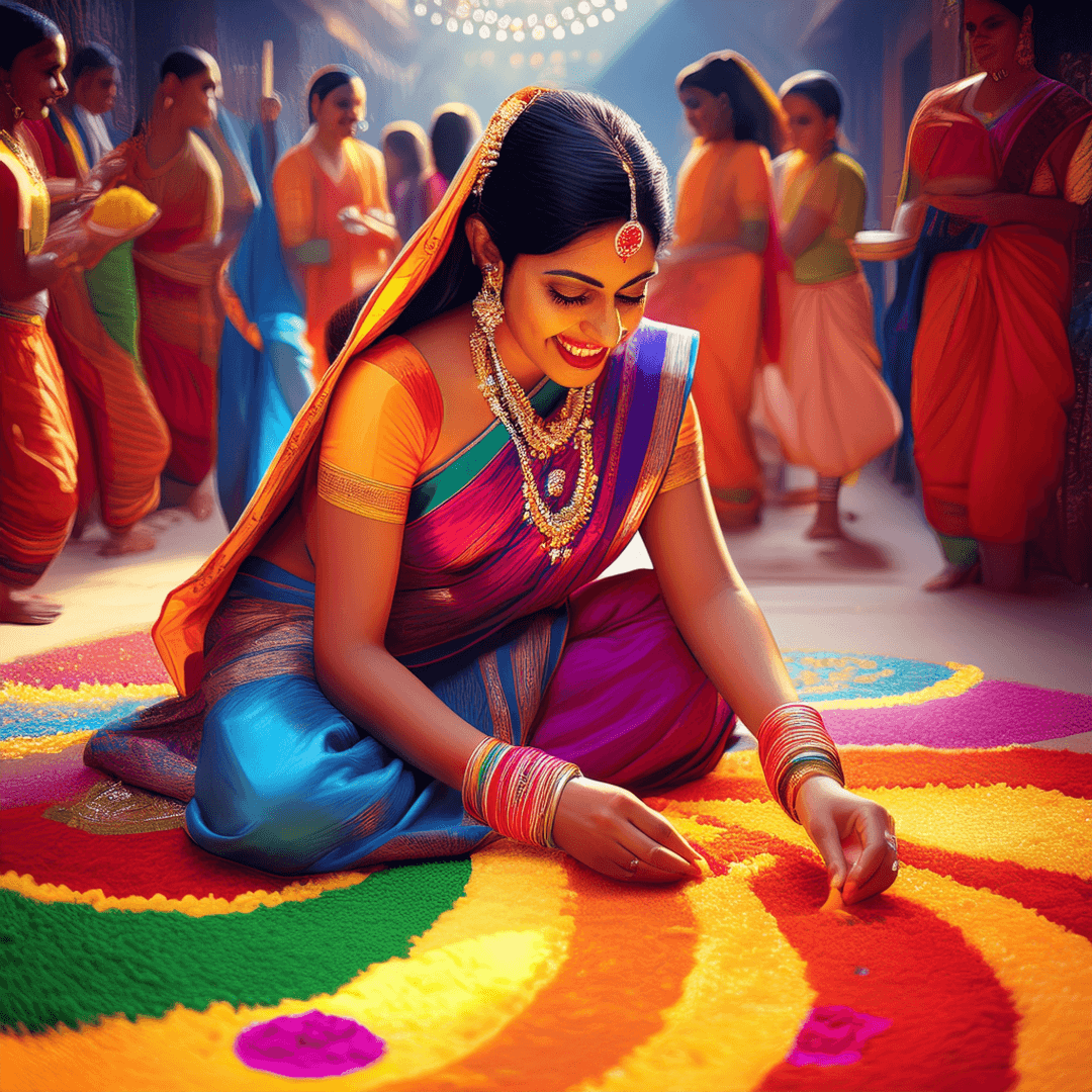 A woman dressed in a vibrant blue and magenta saree with gold embroidery kneels on the ground, carefully creating a colorful rangoli design using bright powdered pigments. She is adorned with intricate gold jewelry, bangles, and a red bindi on her forehead. In the background, a group of women dressed in traditional Indian attire in shades of orange, pink, and yellow are engaged in festive activities, carrying plates of sweets and decorations. The scene is illuminated by soft, warm lighting, enhancing the festive and joyful atmosphere. This image was generated by Adobe Firefly.