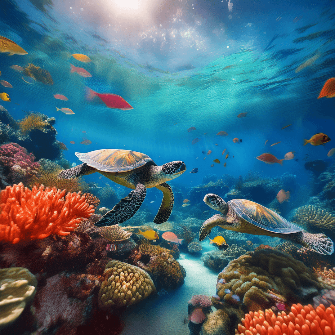 An underwater scene featuring two sea turtles gracefully swimming above a vibrant coral reef. The clear blue water is illuminated by sunlight streaming from above, casting a shimmering glow on the colorful marine life. Schools of bright tropical fish in shades of orange, pink, and yellow swim among the coral, which displays an array of red, orange, and purple hues. The turtles glide effortlessly, their shells reflecting the sunlight, adding to the serene and mesmerizing beauty of the ocean ecosystem. This image was generated by Adobe Firefly.