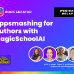 A promotional graphic for a webinar recap titled "Appsmashing for Authors with MagicSchoolAI," hosted by Book Creator. The background is a gradient of purple with a dotted pattern. The Book Creator logo is in the top left, and a black banner in the top right reads "Webinar Recap." The "Be An Author" logo appears in the bottom left. Below the title, circular profile images of four speakers—Amber Trout, Andrew Davies, Eduardo Rubio, and David Hotler—are arranged in a row with their names listed beneath. The bottom of the image features a colorful gradient bar.