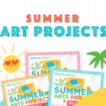 Bright and playful graphic titled 'Summer Art Projects' with illustrated book covers labeled 'Bright Ideas: Summer Arts Projects.' The background includes a smiling sun with heart-shaped sunglasses, a palm tree, waves, and flowers, evoking a fun and creative summer atmosphere.