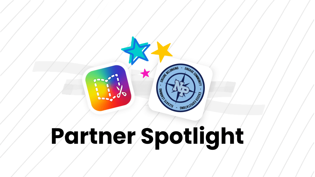 The image displays a "Partner Spotlight" with two logos and stars, one being colorful and associated with Book Creator, and the other labeled "NP" with phrases like "Ensure Belonging" and "Engage Community." Would you like me to enhance the alternative text further or tailor it for accessibility purposes?