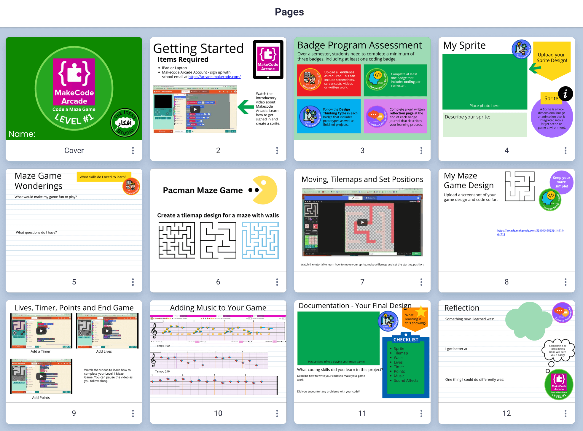 A screenshot showing 12 thumbnail pages from a digital student activity book titled MakeCode Arcade: Code a Maze Game – Level 1. Each page includes colorful visuals and instructional content for students learning to create a maze game using
