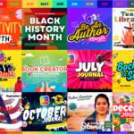A 12-month calendar-style collage featuring colorful activity book covers and themes for each month of the year. Each square highlights a different educational focus or celebration