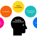 Infographic illustrating the key components of reading comprehension: effective decoding, vocabulary, world knowledge, comprehension strategies, and monitoring. Each component is connected to a central figure labeled 'Reading Comprehension,' highlighting the interconnected processes involved in understanding and analyzing text.