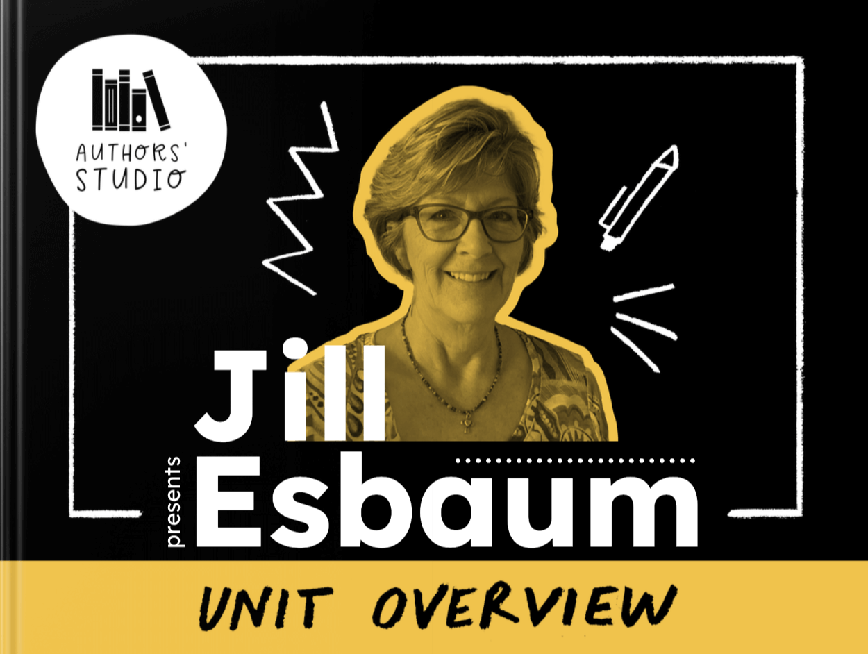 A screenshot of the Book Creator Discover library showing the Author Studio unit overview for Jill Esbaum, with thumbnails of student activity pages, lesson plans, and multimedia content.